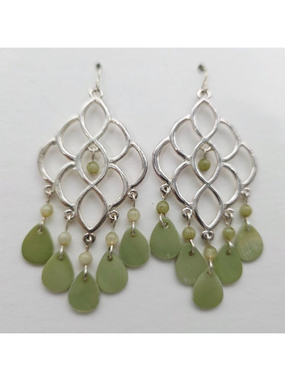 Silver-Tone Chandelier Earrings With Green Teardrop Beads & Openwork Design